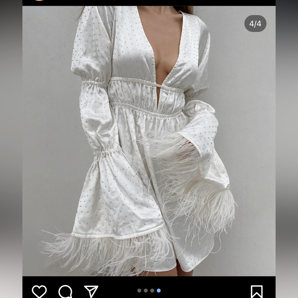 Ivory Tiered Sleeve Rhinestone Feather Mini Dress Bridal Shower/Wedding